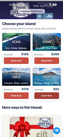 Hawaii Deep Sea Fishing website showing charter options for Kona, Kauai, Maui and Oahu.